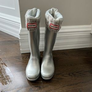 Hunter silver rain boots with light grey sock lines